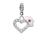 Small Swarovski Crystal Heart with Nurse Hat Silver Plated European Charm Dan...