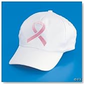 White with Pink Ribbon Cap - Breast Cancer Awareness - Ballcap Hat