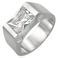 Stainless Steel Emerald Cut Diamond CZ Men's Engagement Ring w/ CZ Accent-10