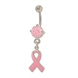 Pink Ribbon Breast Cancer Awareness Belly Ring with Prong Set Jewel