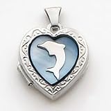 Sterling Silver Blue MOP (Mother of Pearl) Dolphin 2-frame Heart Locket with 20 inch Sterling Silver Chain