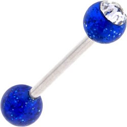 Single Gem Dark Blue Glitter Barbell Tongue Ring by Glitter Tongue Rings