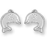 Jewelco London 9ct White gold smiling Dolphin Studs set with single cubic zirconia stones