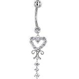 Solid 14kt White Gold Scroll Drop Heart Cubic Zirconia Belly Ring