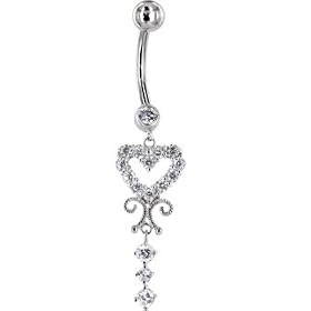 Solid 14KT White Gold SCROLL DROP HEART Cubic Zirconia Belly Ring by Belly Rings in 14K Gold