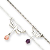 Sterling Silver Amethyst Cherry Quartz Double Dragonfly Anklet - 9 Inch by JewelryWeb
