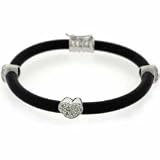 Black Rubber Silver simulated Diamond cz Heart Charm Bracelet