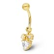 14Kt. Yellow Gold Belly Button Ring Barbell with 3 Heart Shaped Clear CZs in Shape of Flower and Leaves - 14G (1.6mm) - 3/8 (10mm) Length - 5mm Top Ball Size - Sold Individually
