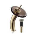 IMAGE OF KRAUS KGW-1700-PU-10G-BRCL Single Lever Vessel Glass Waterfall Faucet Gold with Brown Clear Glass Disk and Matching Pop Up Drain