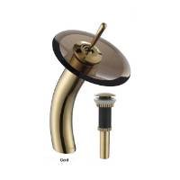 KRAUS KGW-1700-PU-10G-BRCL Single Lever Vessel Glass Waterfall Faucet Gold with Brown Clear Glass Disk and Matching Pop Up Drain