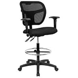 Black Fabric and Mesh Drafting Stool with Arms [WL-A7671SYG-BK-AD-GG]
