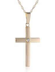 14k Yellow Gold Solid Domed Cross with Genuine Diamond Pendant Necklace, 18"
