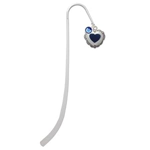 Blue Concho Heart Silver Plated Charm Bookmark with Sapphire Swarovski Drop