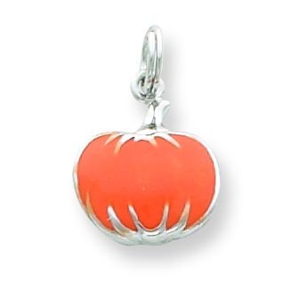 Sterling Silver Orange Enameled Pumpkin Charm with 20 inch Sterling Silver Chain