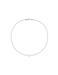 Les Poulettes Jewels - Pearl Necklace on Waxed Cord - White 8-9 mm Freshwater Pearl and Light Grey Waxed Cord