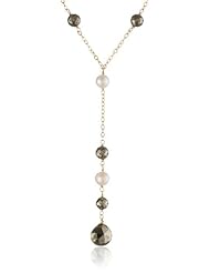 Pyrite Beads and White Freshwater Cultured Pearls Stationed on Gold over Silver Chain Drop Pendant Necklace, 16"+2" Extender