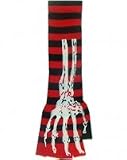 Outer Rebel Fashion Long Fingerless Knit Gloves- Black & Red Stripe with White Bones