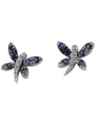 14Kw/Black Rhodium Plated Genuine Blue Sapphire And Diamond Earring 14K White Gold Pair .04 Ct Tw