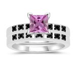 0.17 Cts Black Diamond & 1.04 Cts Pink Sapphire Matching Ring Set in 14K White Gold