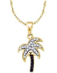 10k Yellow Gold Black Diamond Palm Tree Beach Charm Pendant YG Chain Womens New- .10 Ct.t.w.