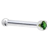 Solid 18KT White Gold (May) 1.5mm Genuine Emerald Nose Bone - 18 Gauge