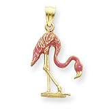 14k Enameled 3-D Pink Flamingo Pendant - Measures 30.8x17.5mm - JewelryWeb