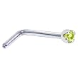 Solid 14KT White Gold 1.5mm Genuine Peridot L-Shaped Nose Ring - 20 Gauge
