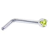 Solid 14KT White Gold 1.5mm Genuine Peridot L-Shaped Nose Ring - 20 Gauge