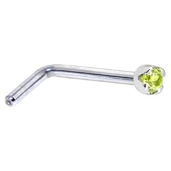 Solid 14KT White Gold 1.5mm Genuine Peridot L-Shaped Nose Ring - 20 Gauge