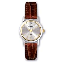 Lorus Ladies Silver and Gold Round Case Diamond Watch with Brown Leather Strap LR3328