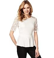 Short Sleeve Lace Trim Peplum Top with Stay New™