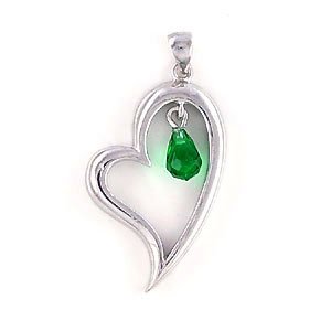 Sterling Silver Emerald Green Austria Crystal Floating Heart Pendant