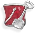 Pail and Shovel Bead Sterling silver with red epoxy 3D beach pail and shovel story bead. The story bead is approximately 10mm x 13mm. This Story Bead fits on chains up to 4mm wide. .925 Sterling Silver