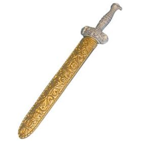 PLASTIC ROMAN SWORD 17INCH LONG, SILVER IN GOLD SCABBARD