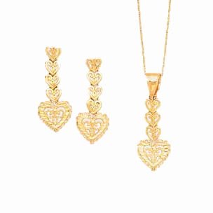14k Yellow Gold Diamond-Cut Heart Necklace & Earrings Set- 18.