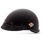 Harley Davidson Men's Spoiler Half Helmet. Comfortable lightweight Aramid fiberglass shell. CoolMax anti-sweat liner and leather chin strap. Removable shortie visor and forehead venting. Meets DOT Requirements. Helmet bag included. KBC, 1 lb. 11oz. Available in two colors. 97353-01V Flat Black; 97352-01V Gloss Black