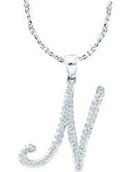 10k White Gold Diamond Womens Ladies Letter N Initial Fashion Pendant with 18" Chain - .18 (1/5) Ct.t.w.