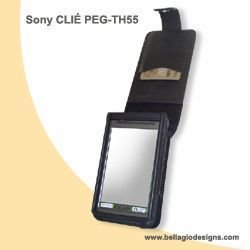 Premium Leather flip style case for Sony Clie TH-55, black with removable clip