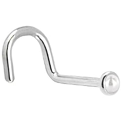 Solid 14KT White Gold 2mm Akoya Pearl Right Nostril Screw- 20 Gauge