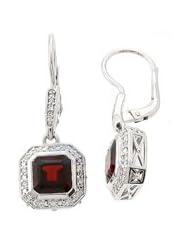Sterling Silver Octagon Cut Authentic Garnet Earrings With CZ All Around