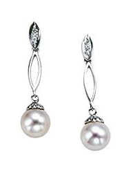 14k White Gold Diamond Akoya Pearl Hanging Earrings - Valentines Gift