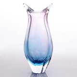 Hand Blown Pink & Blue Sommerso Teardrop Art Glass Vase with Dual Angled Lip 11.5