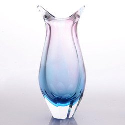 Hand Blown Pink & Blue Sommerso Teardrop Art Glass Vase with Dual Angled Lip 11.5" tall