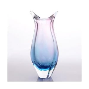 Hand Blown Pink & Blue Sommerso Teardrop Art Glass Vase with Dual Angled Lip 11.5