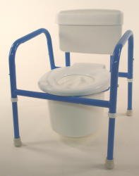 Pediatric Commode Blue- This commode has a capacity of 250 pounds. Solid plastic toilet seat with medium opening standard angled arms for easier ascending & descending. Color Blue
