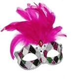 Multi Coloured Harlequin Eye Mask with Hot Pink Feathers