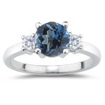 0.20 Cts Diamond & 0.52 Cts London Blue Topaz Three Stone Ring in 18K White Gold