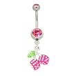 Stainless Steel Belly Ring with Pink Crystals - Dangling Dices/Cherries