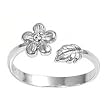 Sterling Silver Fashion Toe Ring - Plumeria and Leaf with Blue Clear CZs - 2mm Band Width