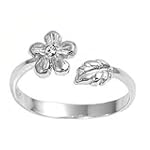 Sterling Silver Clear Cubic Zirconia Flower And Leaf Adjustable Bypass Wrap Toe Ring